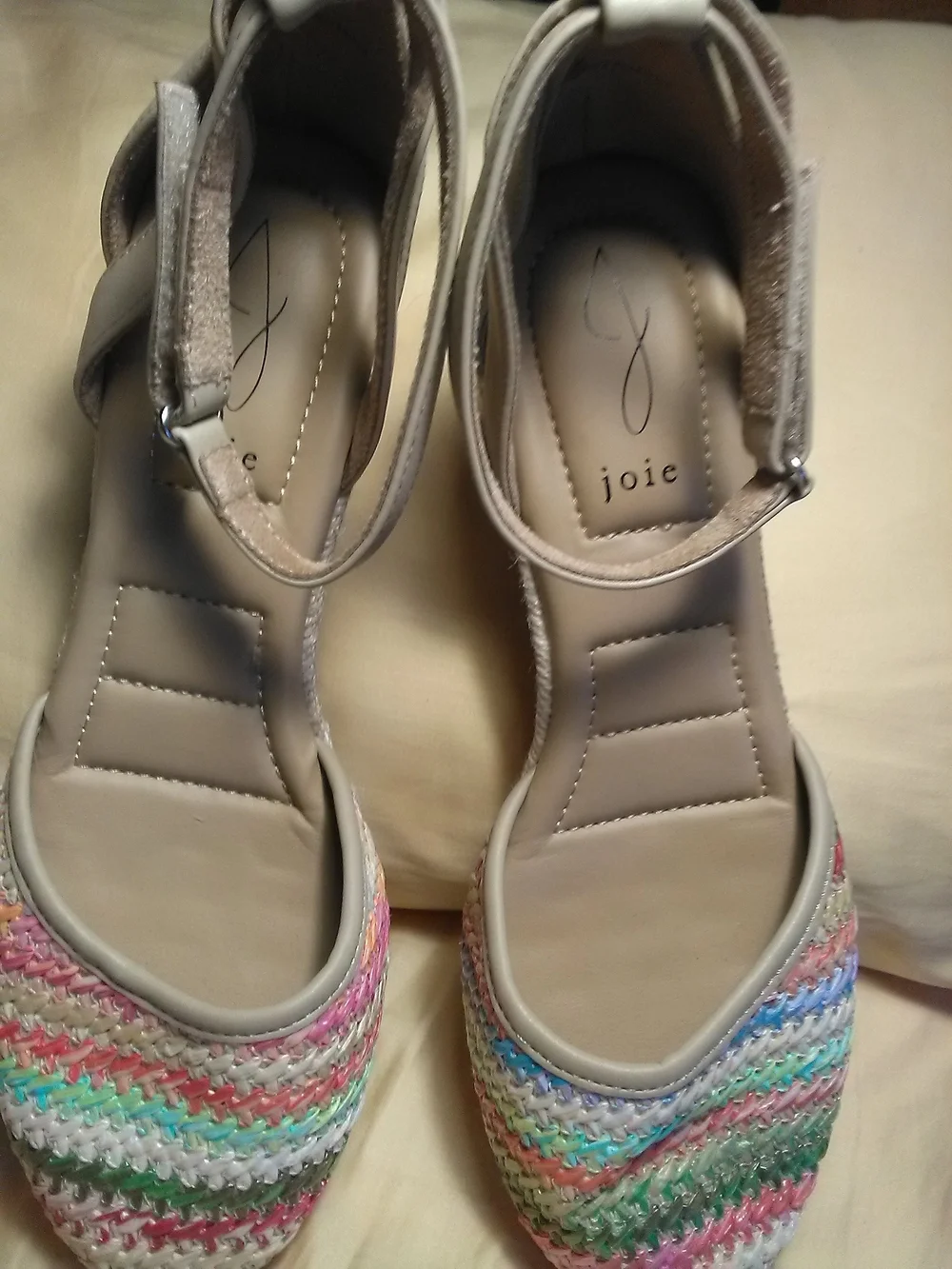 NWOT Lux. JOIE Multicolor Espadrille Wedge Sandals - Neutral Trim SZ. 7.5
